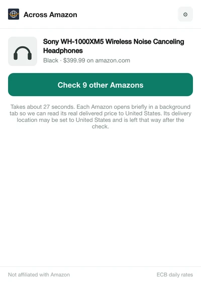 Idle popup showing the Sony headphones at $399.99 on amazon.com and a Check 9 other Amazons button