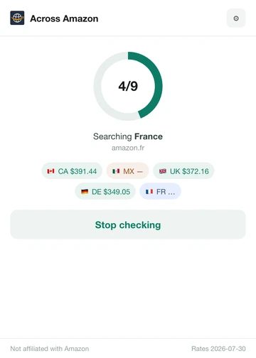 Running popup with a progress dial at 4 of 9, Searching France, and chips for Canada, Mexico, United Kingdom, Germany and France