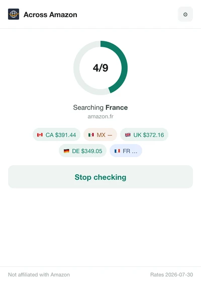Running popup with a progress dial at 4 of 9, Searching France, and chips for Canada, Mexico, United Kingdom, Germany and France