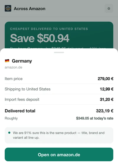 Germany breakdown sheet: item price 279,00 €, shipping 12,99 €, import fees deposit 31,20 €, delivered total 323,19 €, roughly $349.05 at today's rate